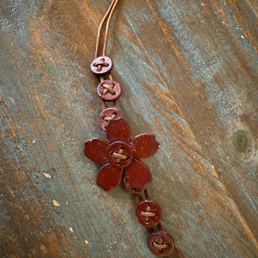 Handcrafted Brown Leather Flower Necklace
